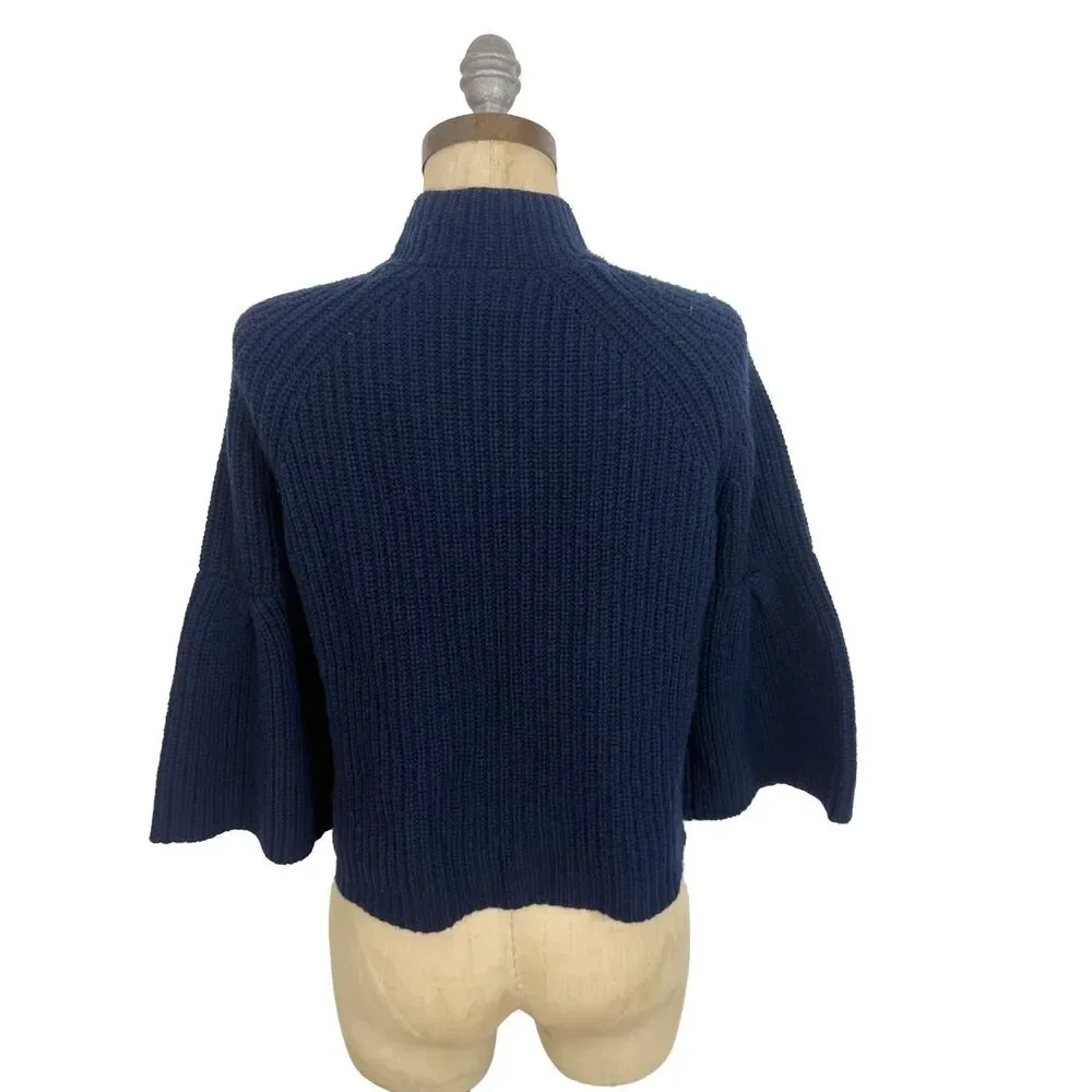 JOIE Cable Mock Neck Crop Sweater XXS Navy Blue Bell Sleeve Wool Cashmere EUC A4